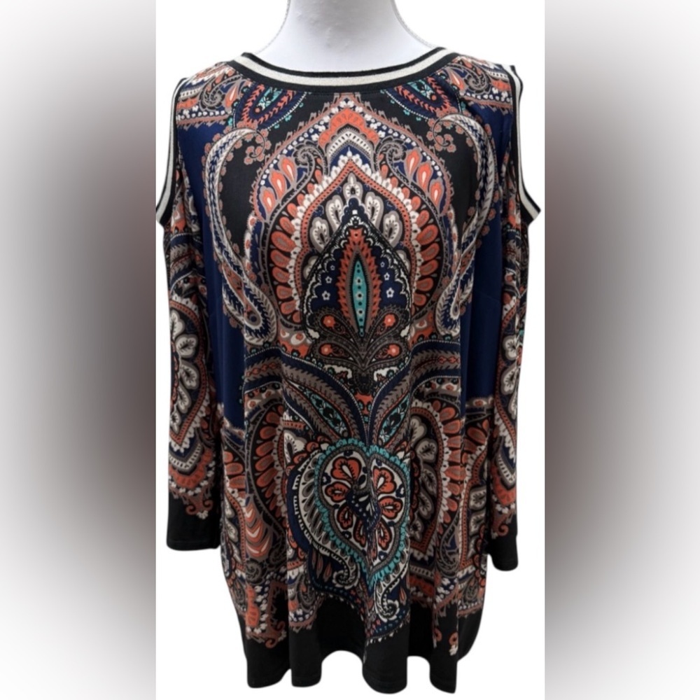 COCO BIANCO WOMEN’S XL COLD SHOULDER TUNIC BLOUSE PAISLEY NAVY CORAL TOP